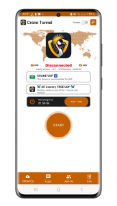 اسکرین شات محیط برنامه کرین تونل در وضعیت دیسکانکت و آماده‌سازی برای نصب فیلترشکن پرسرعت قوی فعال سریع اندروید
